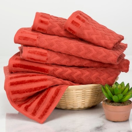 Hastings Home 6-Piece Cotton Deluxe Plush Bath Towel Set, Chevron Pattern Spa Luxury Decorative Towels (Brick) 730426HCW